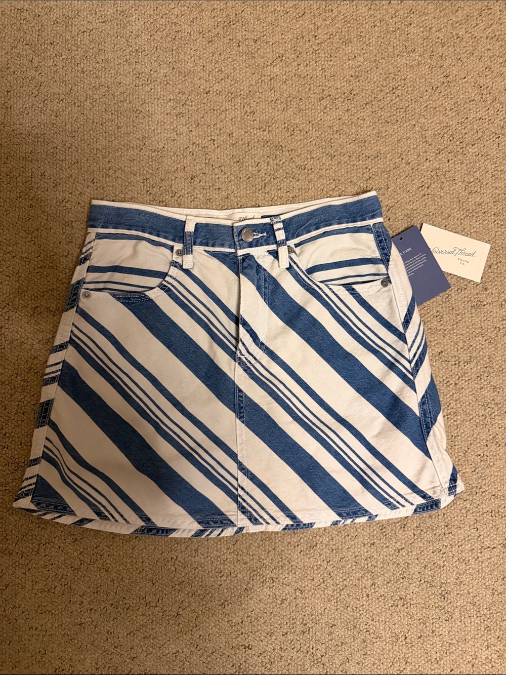 Universal Thread Blue & White Diagonal Stripe Denim Mini Skirt